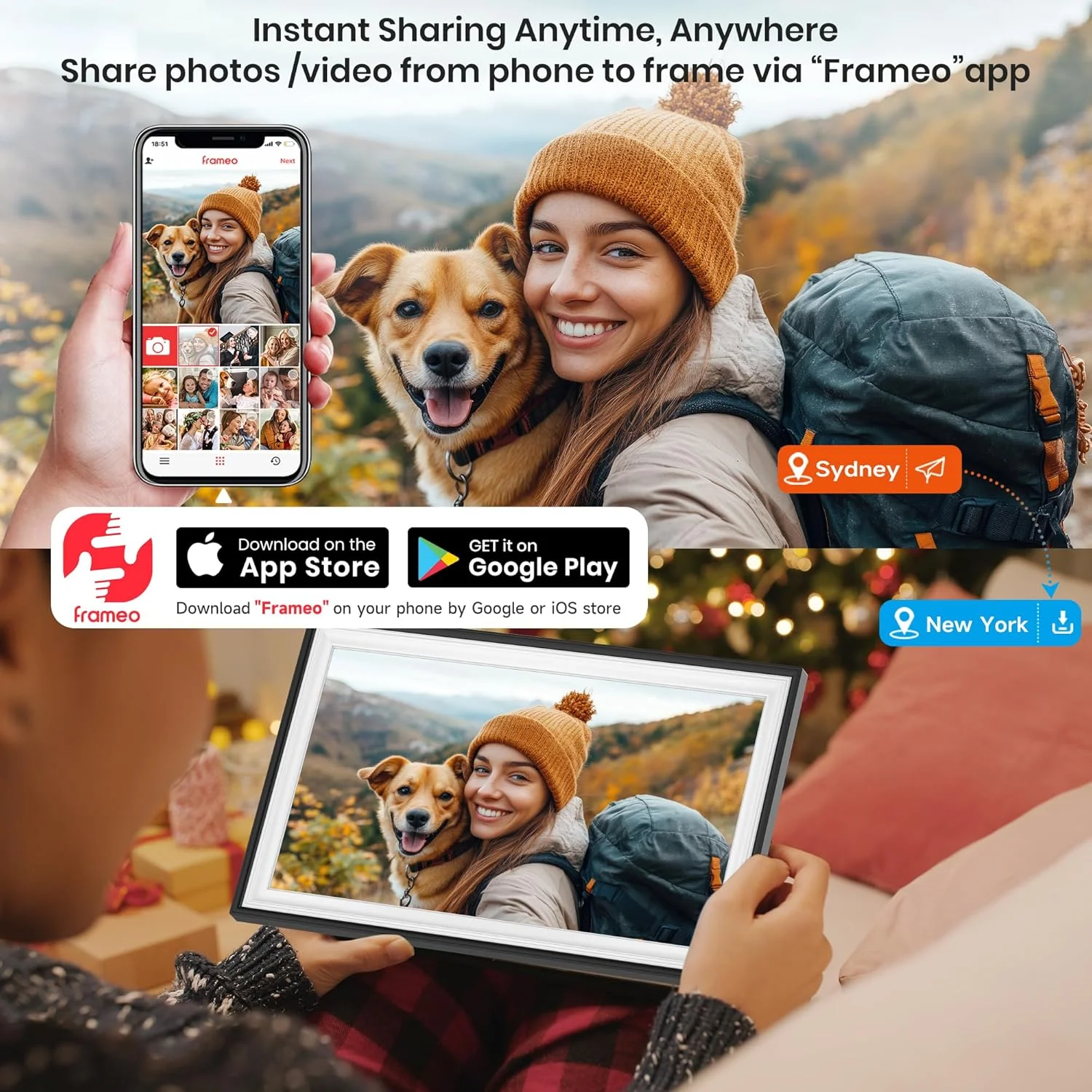 قاب عکس دیجیتال وای فای 15.6 اینچی Frameo، صفحه نمایش لمسی IPS با کیفیت FHD 1920x1080، حافظه 64 گیگابایتی، چرخش خودکار، قابلیت نصب روی دیوار، اشتراک گذاری فوری عکس ها/فیلم ها از طریق Frameo از هر کجا