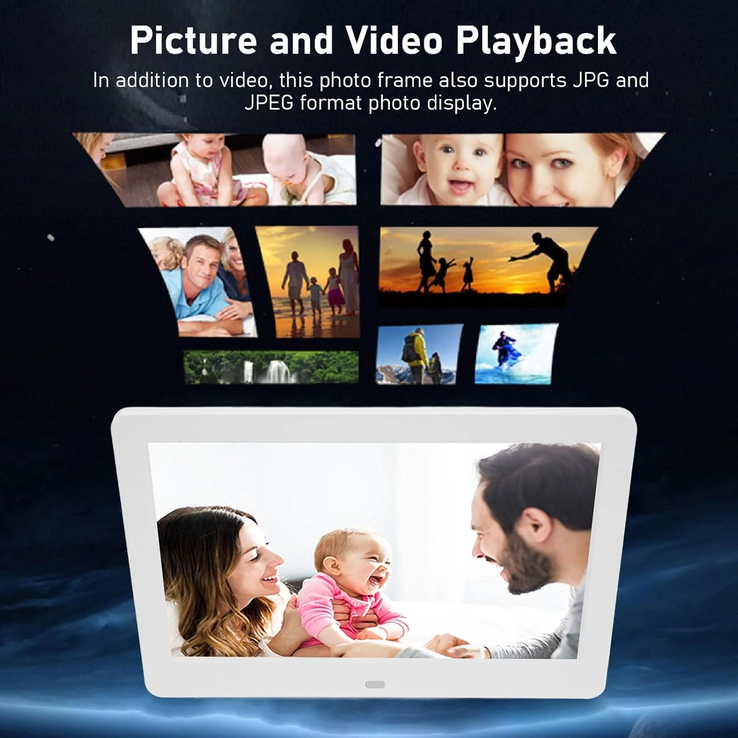 قاب عکس دیجیتال 10 اینچی، قاب عکس دیجیتال HD 1920x1080، دارای بلندگوی داخلی و پورت USB، قابل نصب روی میز/دیوار، اشتراک گذاری فوری عکس ها/فیلم ها از طریق برنامه از هر کجا (سفید) قاب عکس دیجیتال 10 اینچی، قاب عکس دیجیتال HD 1920x1080، دارای بلندگوی داخلی و پورت USB، قابل نصب روی میز/دیوار، اشتراک گذاری فوری عکس ها/فیلم ها از طریق برنامه از هر کجا (سفید)