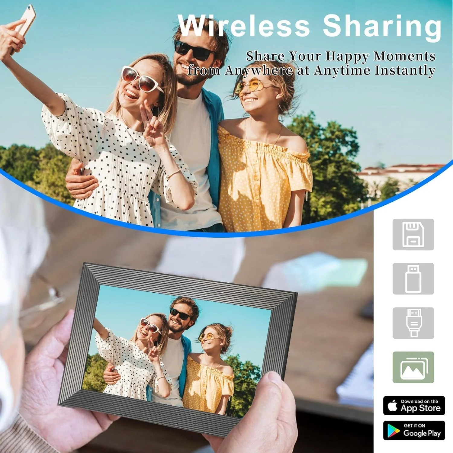 قاب عکس دیجیتال وای فای 10.1 اینچی Frameo، صفحه لمسی IPS HD 1280x800، حافظه 32 گیگابایتی، چرخش خودکار، قابلیت نصب روی دیوار، اشتراک گذاری فوری عکس/فیلم از طریق برنامه Frameo از هر کجا