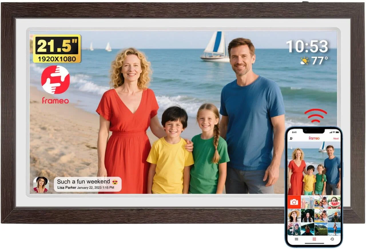 قاب عکس دیجیتال FRAMEO با حافظه 64 گیگابایت، صفحه نمایش لمسی بزرگ 21.5 اینچی وای فای با کیفیت FHD IPS 1920x1080، قابلیت نصب روی دیوار با USB/Micro SD و چرخش خودکار، اشتراک گذاری آسان عکس ها/فیلم ها از هر کجا