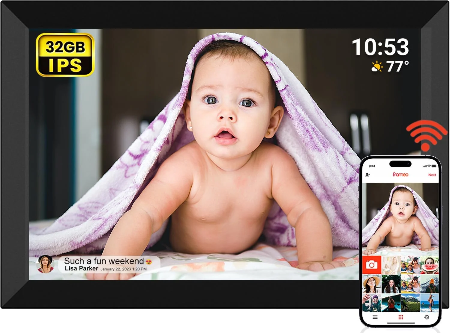 قاب عکس دیجیتال 10.1 اینچی Akimart با حافظه 32 گیگابایت، صفحه نمایش لمسی IPS LCD با رزولوشن 1280x800، قاب عکس دیجیتال هوشمند وای فای، چرخش خودکار عمودی و افقی، اشتراک گذاری فوری لحظات از طریق برنامه Frameo از هر کجا