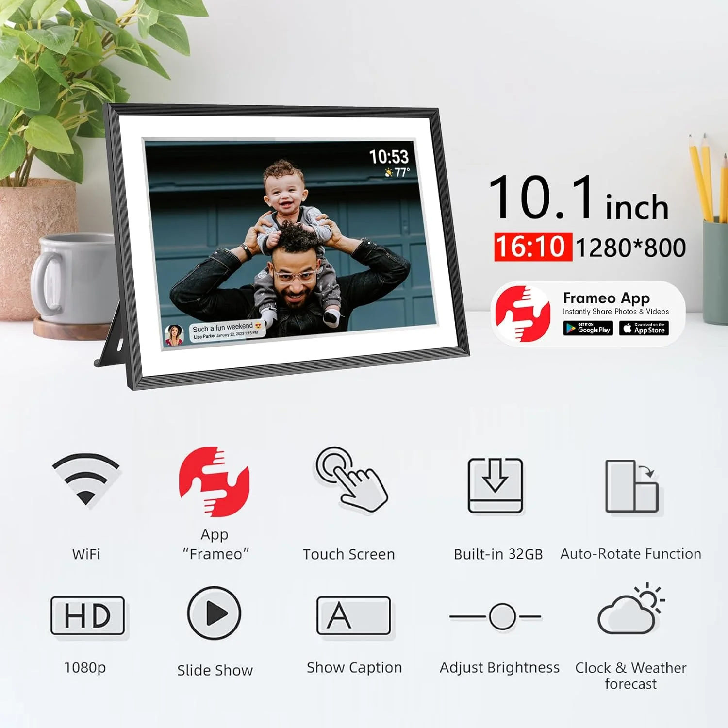 قاب عکس دیجیتال 32 گیگابایتی آکیمارت با صفحه نمایش لمسی 10.1 اینچی IPS LCD با وضوح 1280x800، قاب عکس دیجیتال هوشمند WiFi، چرخش خودکار عمودی و افقی، اشتراک گذاری فوری لحظات از طریق برنامه Frameo از هر کجا قاب عکس دیجیتال 32 گیگابایتی آکیمارت با صفحه نمایش لمسی 10.1 اینچی IPS LCD با وضوح 1280x800، قاب عکس دیجیتال هوشمند WiFi، چرخش خودکار عمودی و افقی، اشتراک گذاری فوری لحظات از طریق برنامه Frameo از هر کجا