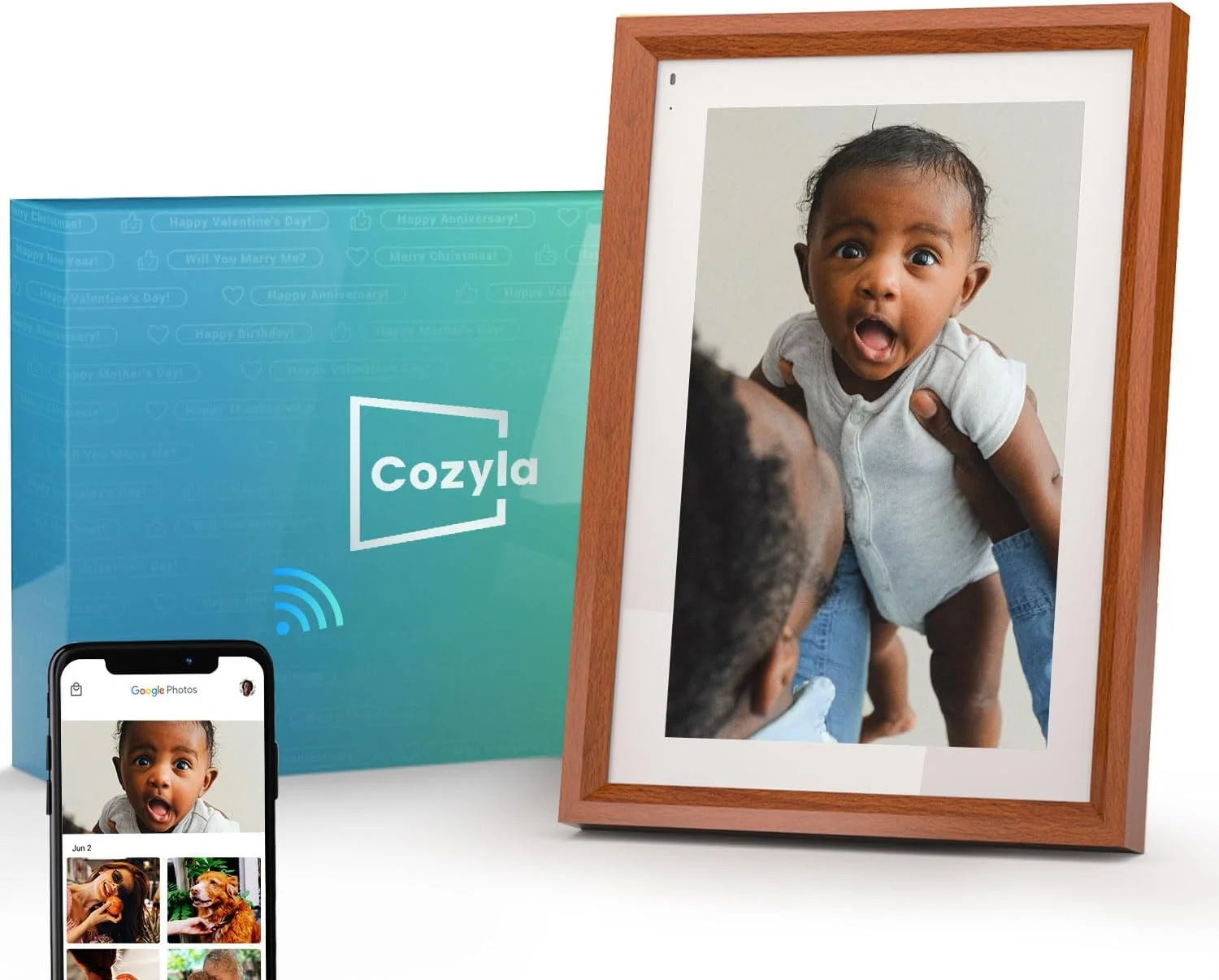 قاب عکس دیجیتال Cozyla با قابلیت ارسال عکس و فیلم از طریق ایمیل، Google Photos، اینستاگرام و اپلیکیشن موبایل، حافظه نامحدود رایگان، دارای Alexa داخلی، قاب عکس الکترونیکی WiFi 10.1 اینچی با روکش چوب گردو