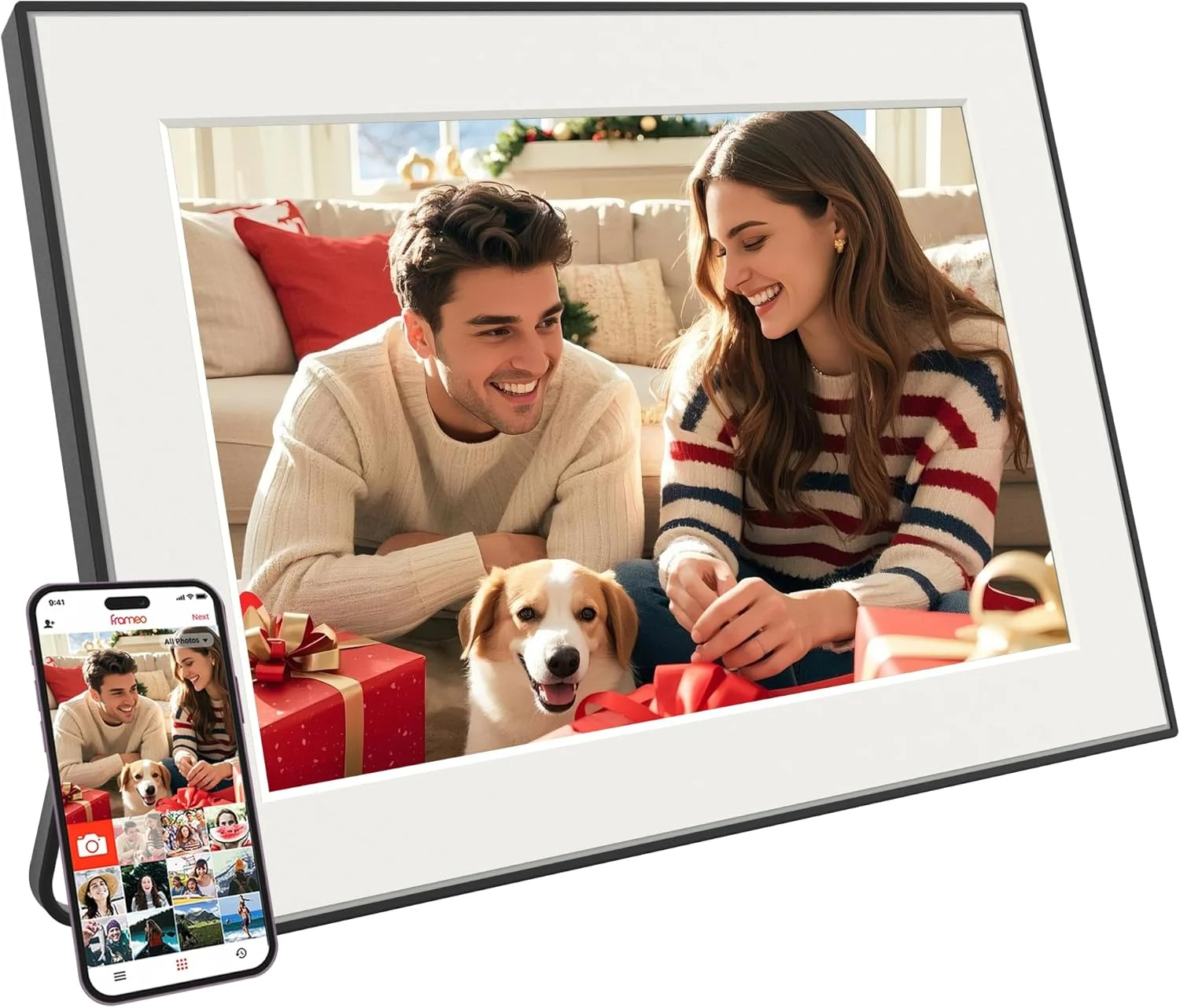 قاب عکس دیجیتال Frameo با صفحه نمایش لمسی 10.1 اینچی، رزولوشن 1280x800 HD IPS، چرخش خودکار، اشتراک گذاری فوری عکس ها/فیلم ها از طریق برنامه Frameo از هر کجا، حافظه 32 گیگابایتی، قابلیت نصب روی دیوار.