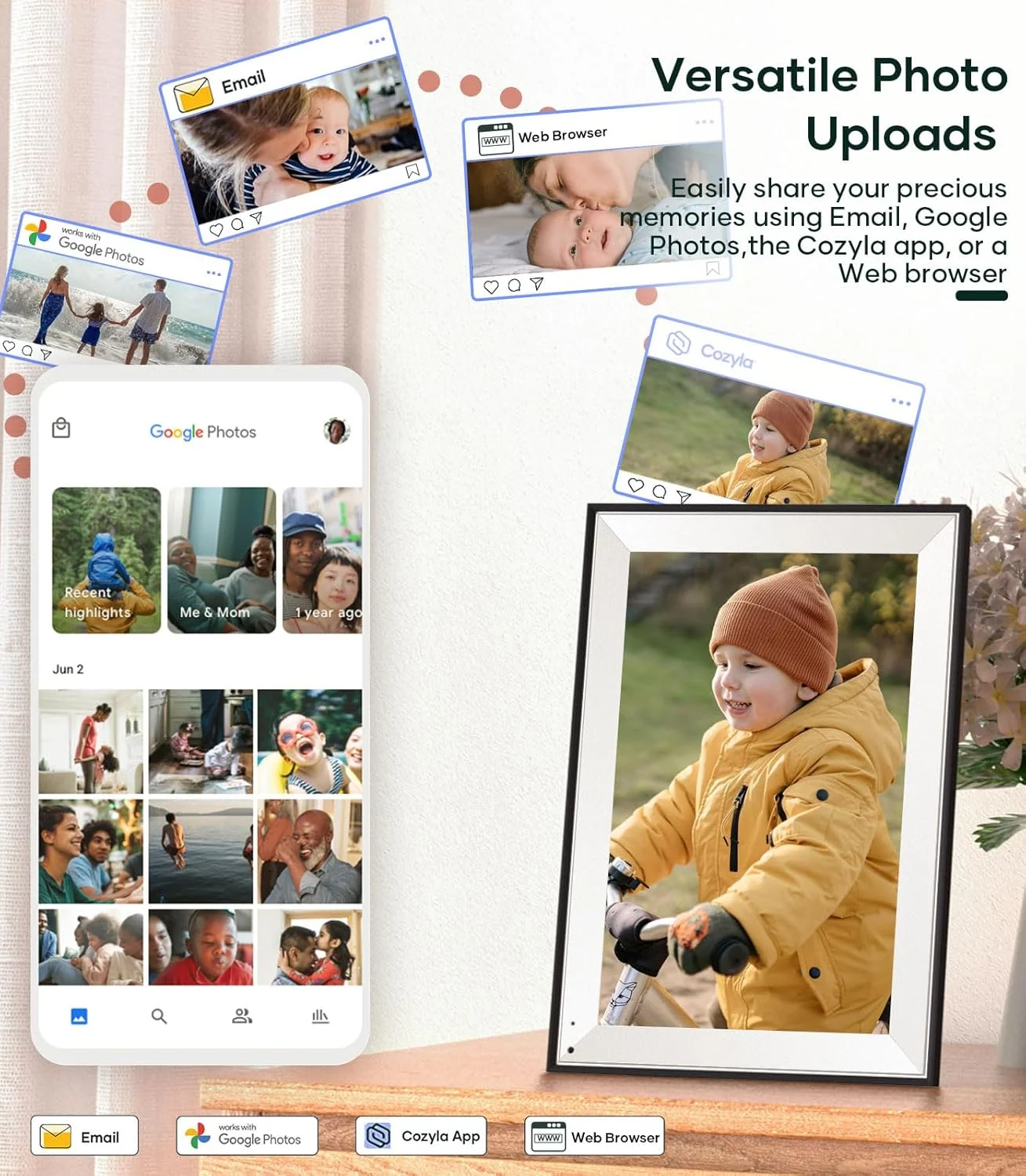 قاب عکس دیجیتال هوشمند Cozyla با قابلیت اتصال به وای فای، فضای ذخیره سازی نامحدود، به اشتراک گذاری عکس ها با خانواده و دوستان از طریق برنامه و ایمیل قاب عکس دیجیتال هوشمند Cozyla با قابلیت اتصال به وای فای، فضای ذخیره سازی نامحدود، به اشتراک گذاری عکس ها با خانواده و دوستان از طریق برنامه و ایمیل