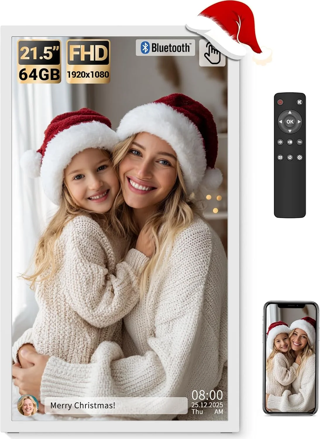 قاب عکس دیجیتال بزرگ BSIMB با صفحه نمایش لمسی 21.5 اینچی، 64 گیگابایت، کیفیت FHD 1920x1080، کنترل از راه دور الکترونیکی WiFi، اشتراک گذاری عکس/فیلم از طریق برنامه/USB/SD، نصب آسان، هدیه برای مادر، سفید