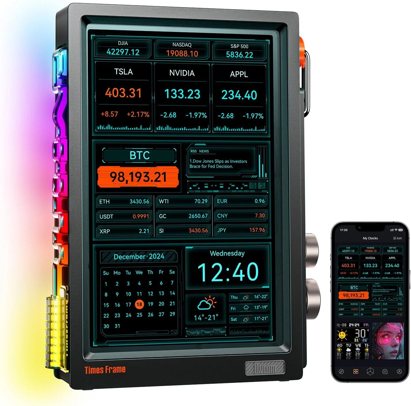 قاب عکس دیجیتال 10.1 اینچی Divoom Times Frame با صفحه نمایش شفاف IPS، سیستم عامل هوشمند لینوکس، دکمه چرخشی RGBLED، وای فای، حافظه 64 گیگابایتی، بیش از 400 صفحه ساعت، ویجت، بیش از 50 فید API، حالت هدیه، انجمن هنرهای پیکسلی، نمایشگر شخصی