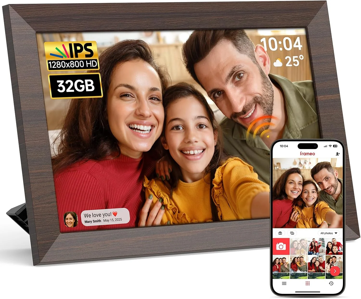 قاب عکس دیجیتال وای فای Frameo، قاب عکس 10.1 اینچی، صفحه لمسی IPS با کیفیت HD 1280 × 800 با حافظه 32 گیگابایتی، چرخش خودکار قاب عکس ابری، نمایش اسلاید، اشتراک گذاری عکس ها و فیلم ها از راه دور با مادر، پدر