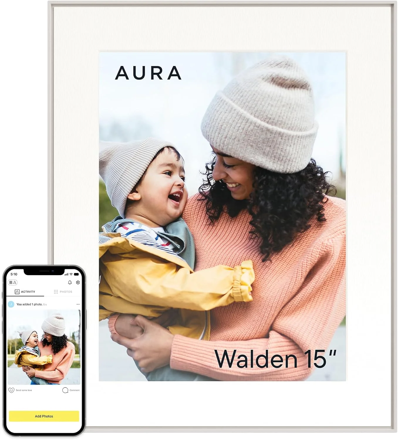 قاب عکس دیجیتال 15 اینچی Aura Walden WiFi | بهترین قاب دیجیتال از نظر Wirecutter برای هدیه دادن | ارسال عکس از تلفن شما | راه اندازی سریع و آسان در برنامه Aura | فضای ذخیره سازی نامحدود رایگان | خاک رس سفید