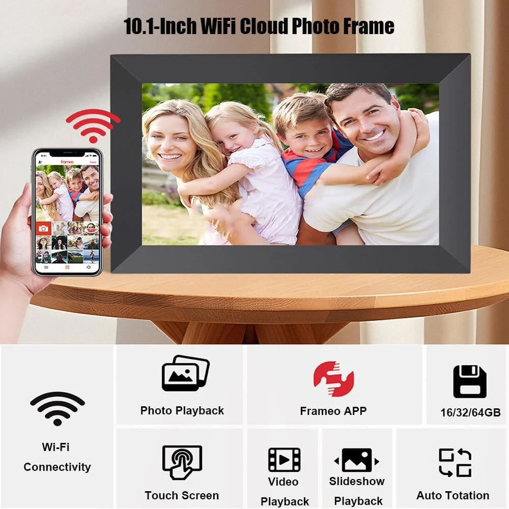 قاب عکس دیجیتال 10.1 اینچی، قاب عکس دیجیتال وای فای، 16 گیگابایت/32 گیگابایت/64 گیگابایت، زاویه دید 178 درجه، انتقال از راه دور، صفحه لمسی آی پی اس، اتصال چند کاربره، برای والدین 64 گیگابایت