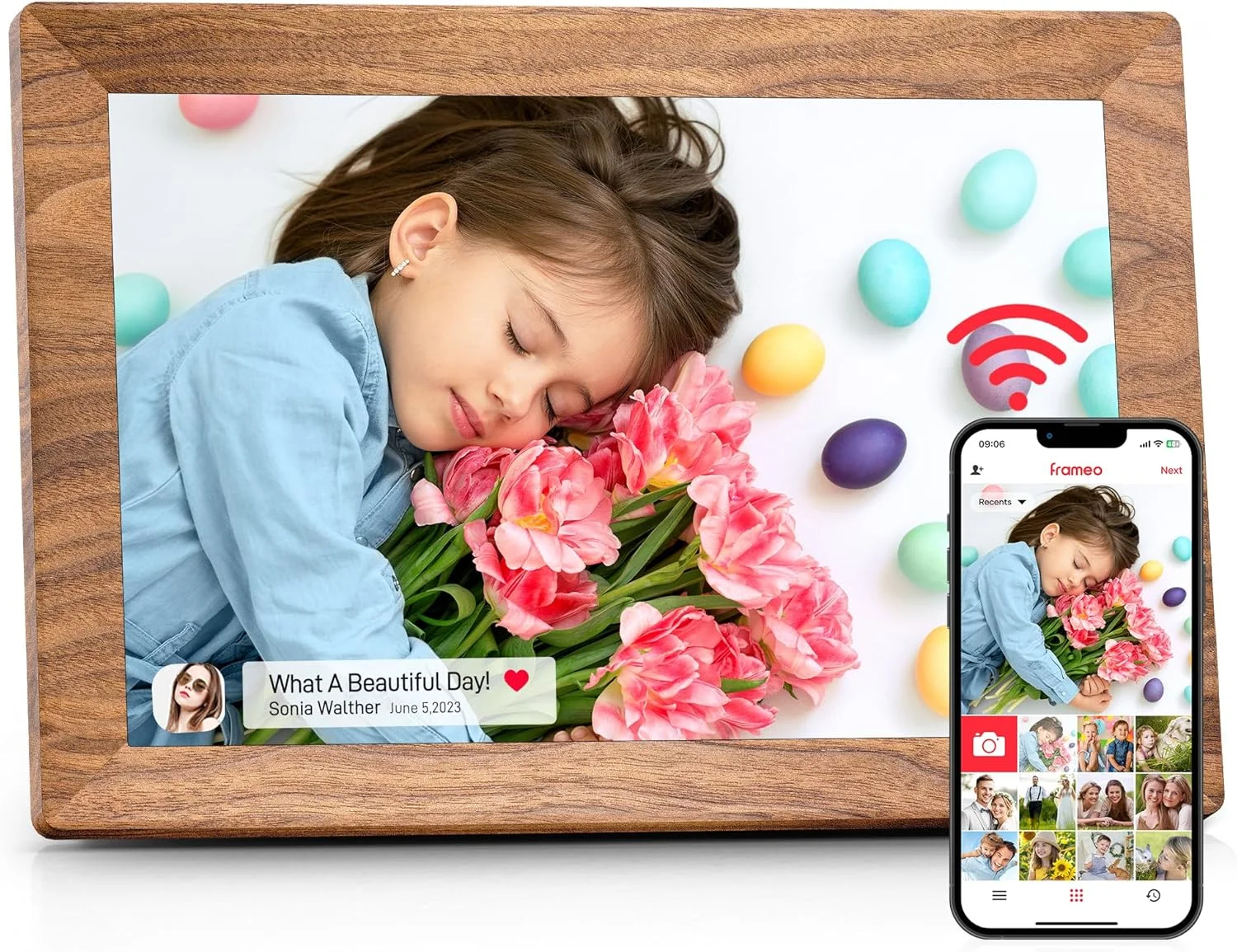 قاب عکس دیجیتال وای فای Frameo، 10.1 اینچ، HD 1280 x 800 IPS با صفحه لمسی، حافظه 32 گیگابایتی، چرخش خودکار، اشتراک گذاری آسان عکس ها و فیلم ها از طریق برنامه Frameo