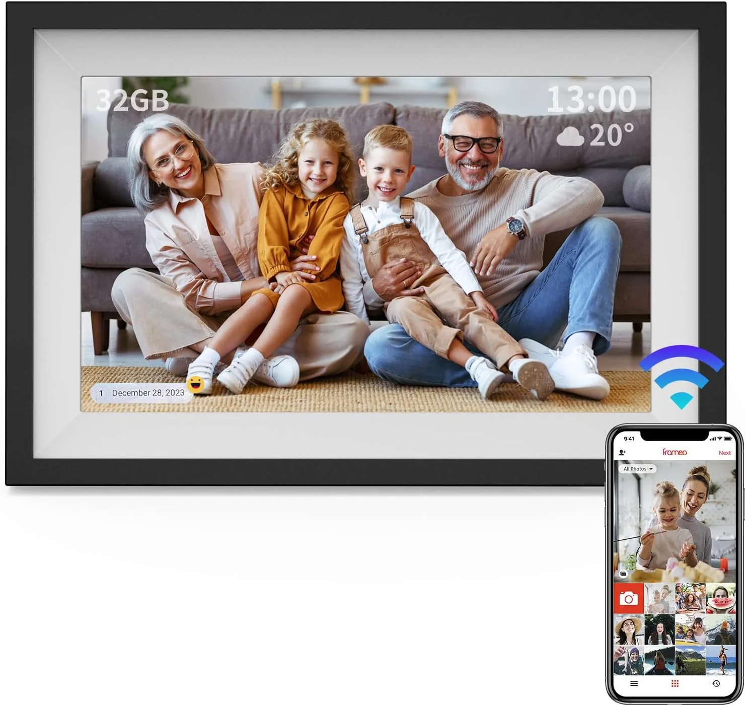 قاب عکس دیجیتال وای فای 10.1 اینچی، صفحه نمایش TFT، کنترل از طریق اپلیکیشن، حافظه 32 گیگابایتی، چرخش خودکار، اشتراک گذاری عکس از طریق اپلیکیشن، دارای پایه پشتی، مناسب برای جشن ها