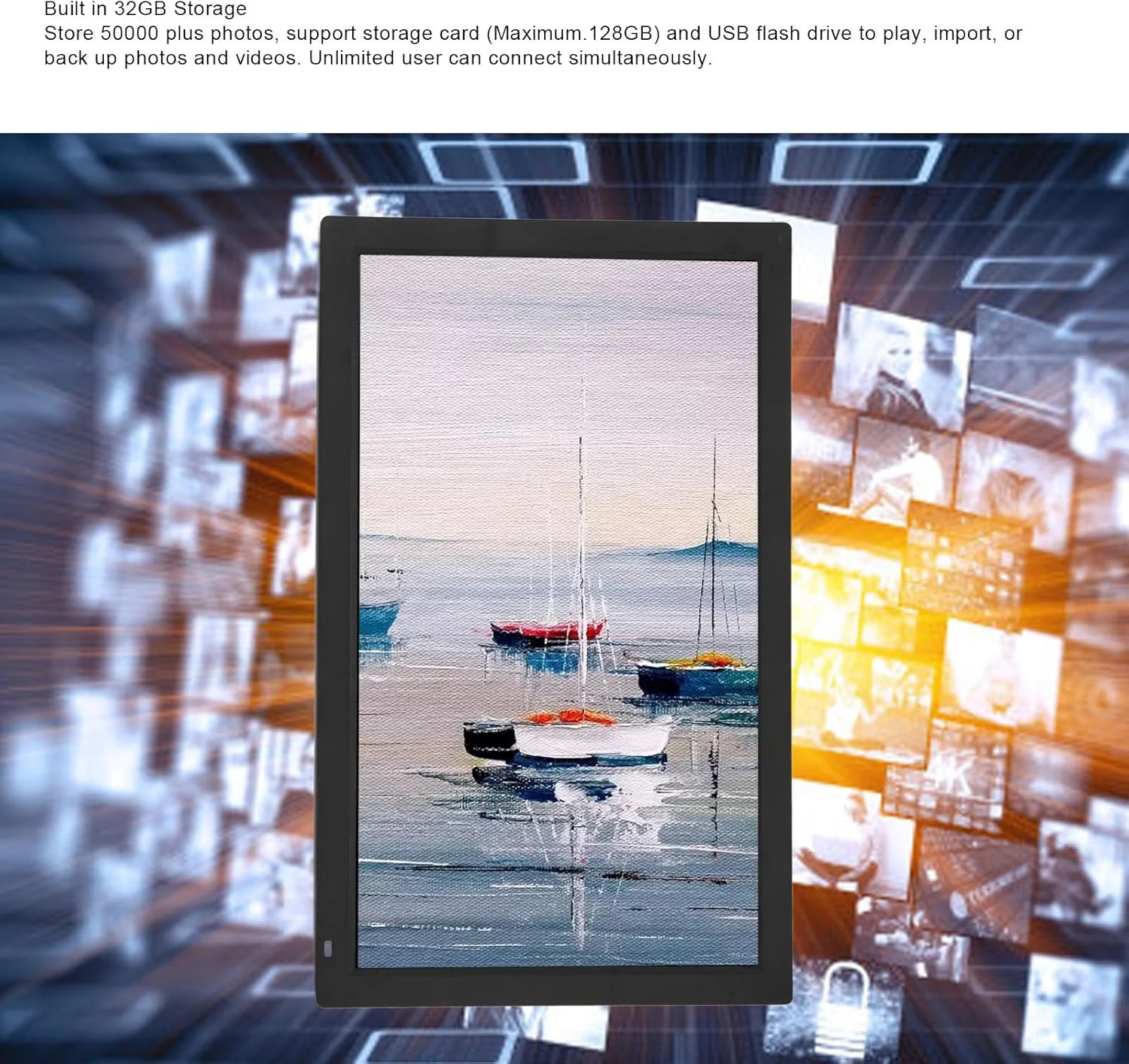 قاب عکس دیجیتال 21.5 اینچی، FHD، WiFi 32 گیگابایت، کنترل از راه دور، برنامه برای عکس ها و فیلم ها، طراحی مشکی (دوشاخه UK) قاب عکس دیجیتال 21.5 اینچی، FHD، WiFi 32 گیگابایت، کنترل از راه دور، برنامه برای عکس ها و فیلم ها، طراحی مشکی (دوشاخه UK)