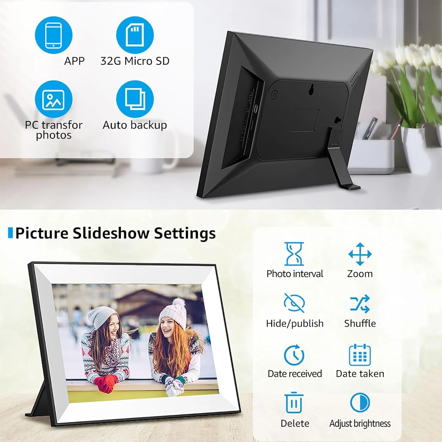 قاب عکس دیجیتال 10.1 اینچی، قاب عکس ابری هوشمند 32 گیگابایتی با فضای ذخیره سازی بیش از 80000 عکس و صفحه نمایش لمسی 1280 X 800HD، عملکردهای متعدد و قابل شارژ، برای هدیه تعطیلات، دکور میز قاب عکس دیجیتال 10.1 اینچی، قاب عکس ابری هوشمند 32 گیگابایتی با فضای ذخیره سازی بیش از 80000 عکس و صفحه نمایش لمسی 1280 X 800HD، عملکردهای متعدد و قابل شارژ، برای هدیه تعطیلات، دکور میز