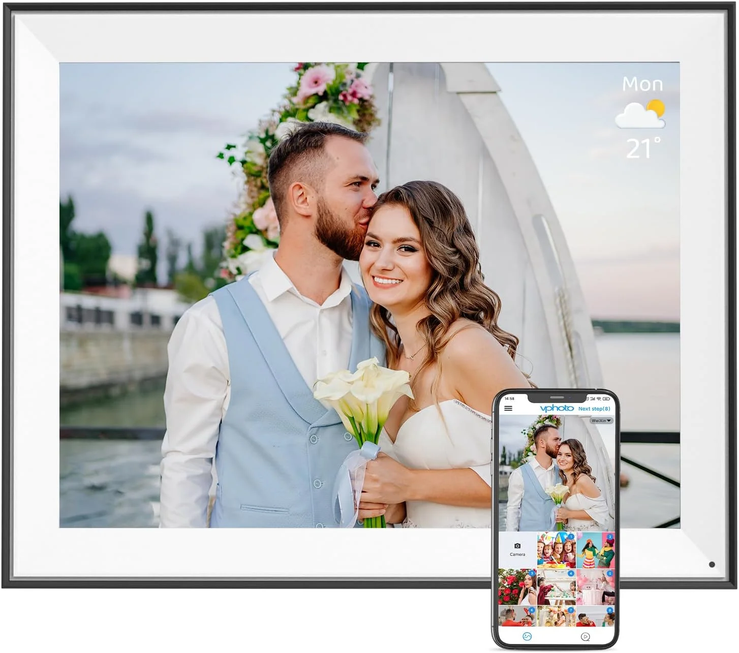 قاب عکس دیجیتال 16.2 اینچی - صفحه نمایش لمسی IPS، چرخش خودکار، نمایش اسلاید، بارگذاری عکس و فیلم از تلفن به قاب دیجیتال 32 گیگابایتی از طریق برنامه ایمیل، فضای ذخیره سازی ابری رایگان، هدیه برای مادر و پدر