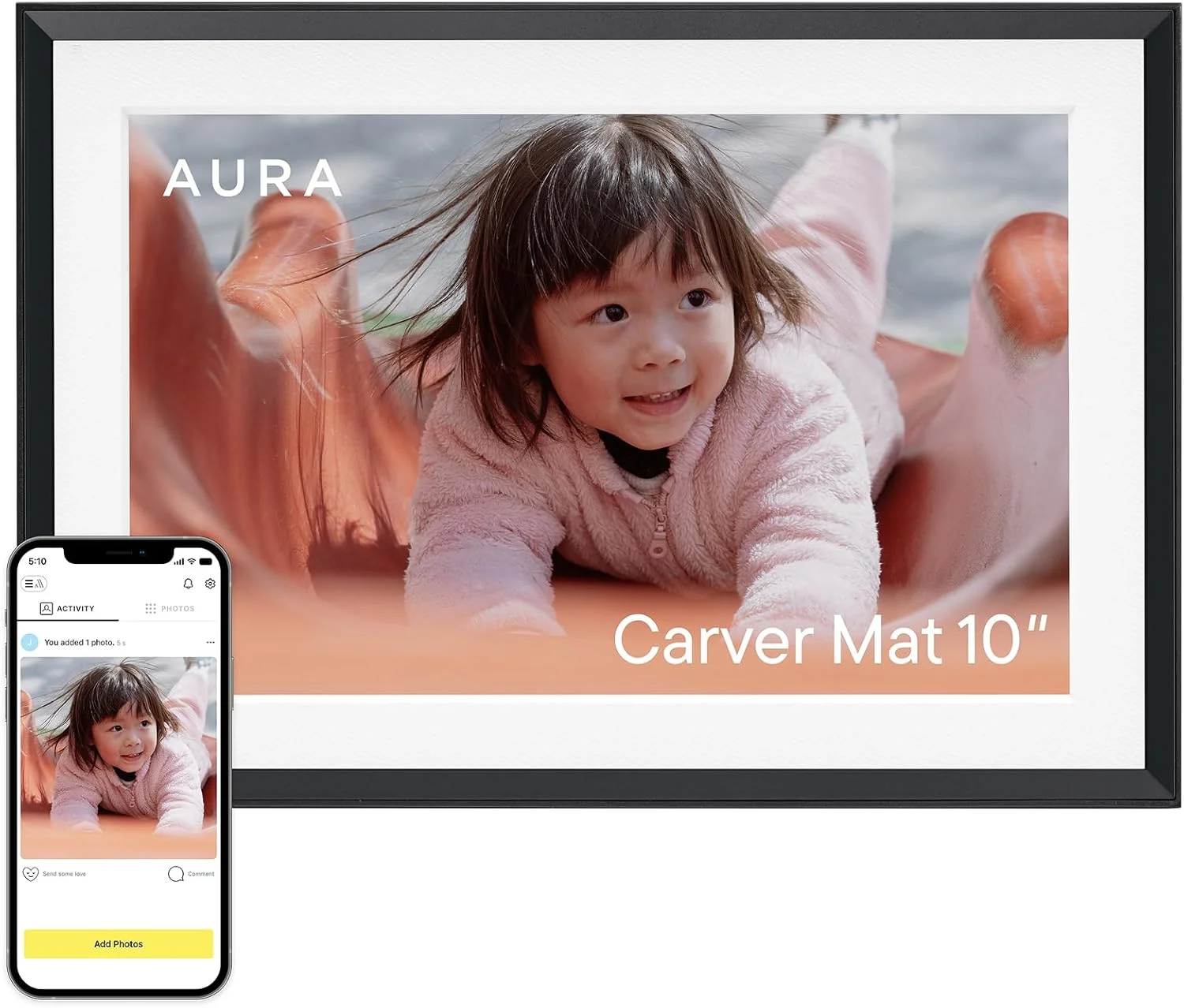 قاب عکس دیجیتال وای فای Aura Carver | بهترین قاب دیجیتال برای هدیه دادن | ارسال عکس از تلفن شما | راه اندازی سریع و آسان در برنامه Aura | فضای ذخیره سازی نامحدود رایگان | رنگ Gravel با حاشیه سفید