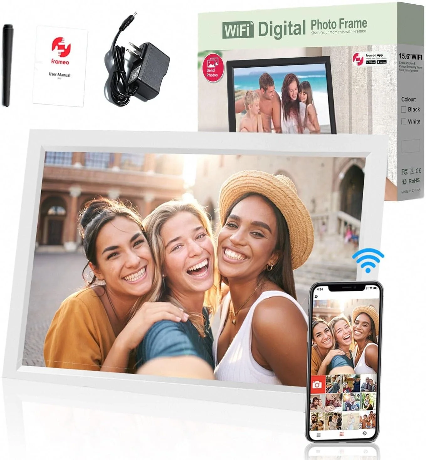 قاب عکس دیجیتال 15.6 اینچی Frameo، قاب عکس 32 گیگابایتی، صفحه نمایش لمسی IPS HD 1920 * 1080، چرخش خودکار | نمایش آب و هوا و زمان | رومیزی و دیواری | اشتراک گذاری فوری عکس ها/فیلم ها از طریق برنامه