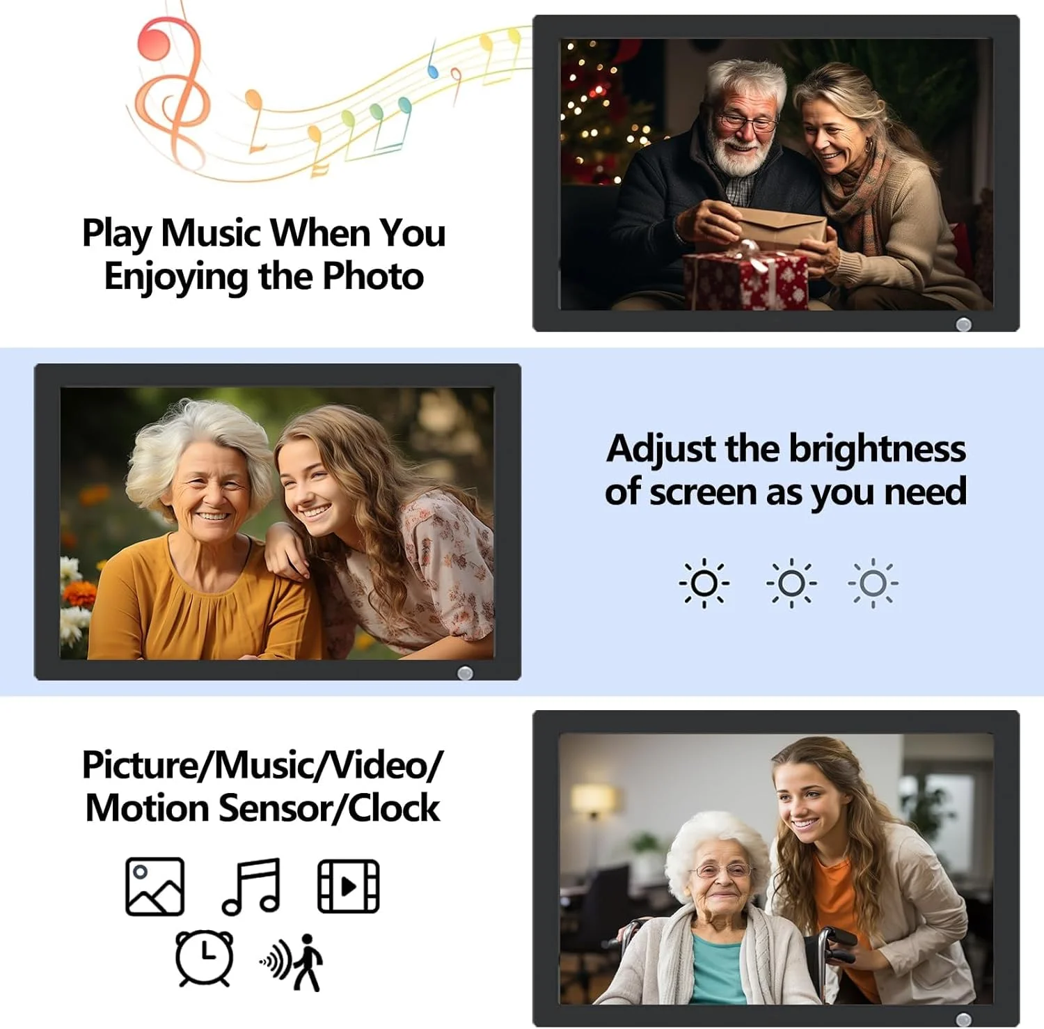 قاب عکس دیجیتال 20 اینچی USB، صفحه نمایش IPS 1920x1080، نمایش اسلاید عکس دیجیتال برای هدیه، سازگار با فلش مموری USB 64 گیگابایتی، اسلات کارت SD، پشتیبانی از حسگر حرکتی ویدیو موسیقی با کنترل از راه دور قاب عکس دیجیتال 20 اینچی USB، صفحه نمایش IPS 1920x1080، نمایش اسلاید عکس دیجیتال برای هدیه، سازگار با فلش مموری USB 64 گیگابایتی، اسلات کارت SD، پشتیبانی از حسگر حرکتی ویدیو موسیقی با کنترل از راه دور