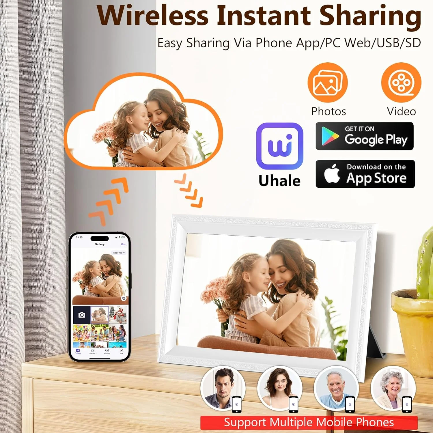 قاب عکس دیجیتال هوشمند سفید وای فای، ارسال عکس از گوشی، حافظه 16 گیگابایتی، صفحه نمایش لمسی 10.1 اینچی IPS با رزولوشن 1280x800 و قابلیت چرخش