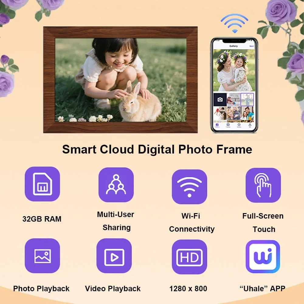 قاب عکس دیجیتال وای فای 10.1 اینچی، دارای عملکرد حسگر بدن انسان، اشتراک گذاری عکس/فیلم/موسیقی، ظرفیت 32 گیگابایت، صفحه نمایش لمسی 1280x800 IPS HD، اشتراک گذاری چند کاربره، مناسب هدیه