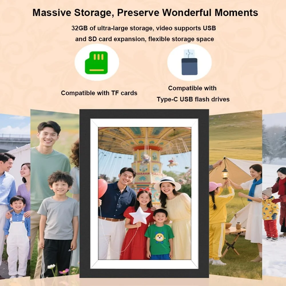 قاب عکس دیجیتال وای فای 10.1 اینچی، دارای عملکرد حسگر بدن انسان، اشتراک گذاری عکس/فیلم/موسیقی، ظرفیت 32 گیگابایت، صفحه نمایش لمسی 1280x800 IPS HD، اشتراک گذاری چند کاربره، مناسب هدیه