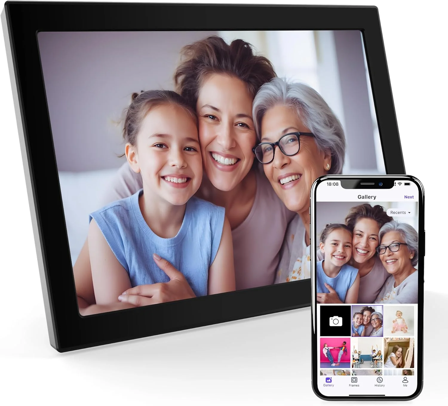 قاب عکس دیجیتال ۱۰.۱ اینچی وای فای XORO، صفحه نمایش لمسی IPS HD با رزولوشن ۱۲۸۰ در ۸۰۰، حافظه ۱۶ گیگابایتی، چرخش خودکار، اشتراک گذاری فوری عکس از هر کجا