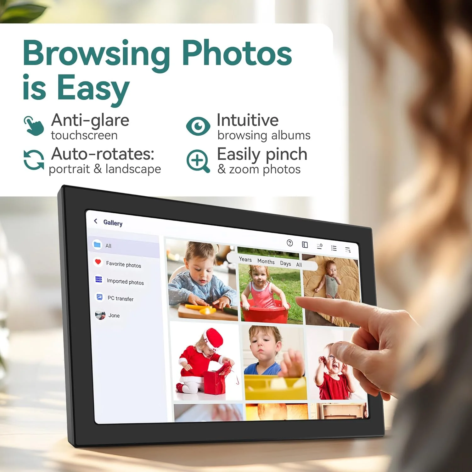 قاب عکس دیجیتال ۱۰.۱ اینچی وای فای XORO، صفحه نمایش لمسی IPS HD با رزولوشن ۱۲۸۰ در ۸۰۰، حافظه ۱۶ گیگابایتی، چرخش خودکار، اشتراک گذاری فوری عکس از هر کجا