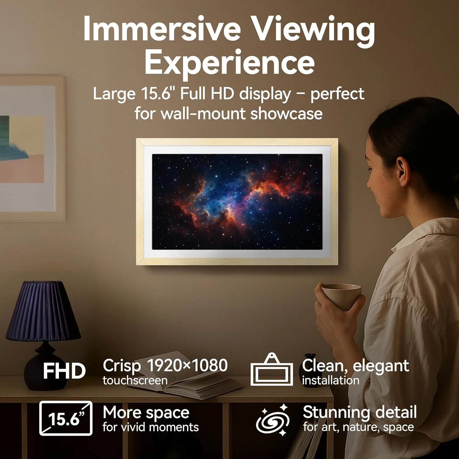 قاب عکس دیجیتال 15 اینچی وای فای XORO، صفحه نمایش لمسی IPS با کیفیت 1920 x 1080 Full HD 1080P، حافظه 32 گیگابایتی، چرخش خودکار، چوب راش، اشتراک گذاری فوری عکس ها از هر کجا