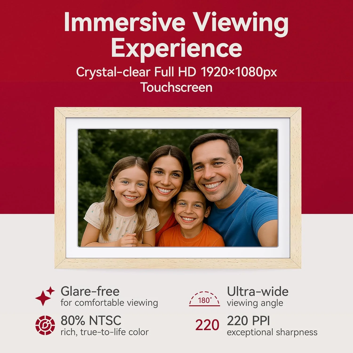 قاب عکس دیجیتال وای فای 10.1 اینچی XORO، صفحه نمایش لمسی IPS با کیفیت 1920x1080 Full HD 1080P، حافظه 32 گیگابایتی، چرخش خودکار، چوب راش، اشتراک گذاری فوری عکس ها از هر کجا