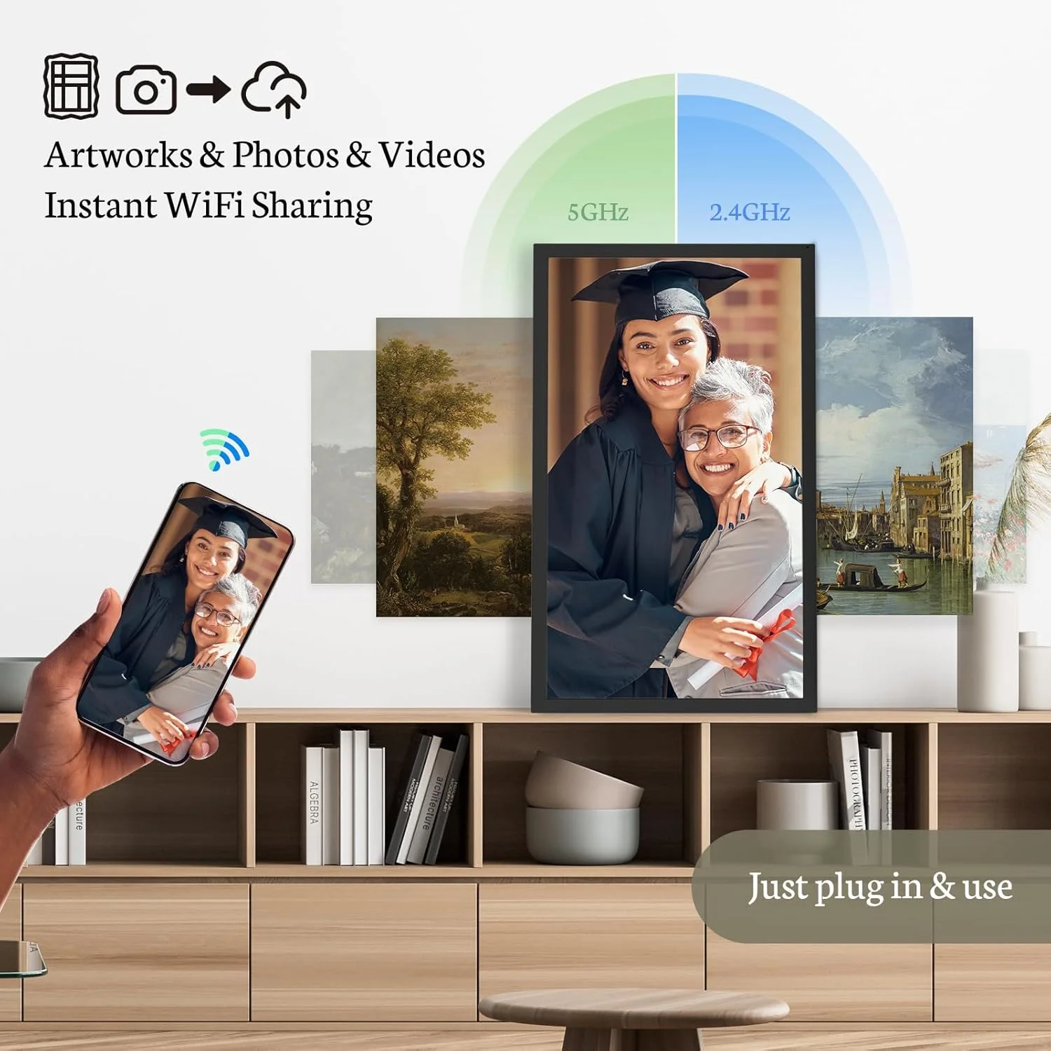 قاب عکس دیجیتال ۳۲ اینچی BSIMB با بلندگوهای بلوتوث، ۶۴ گیگابایت FHD WiFi، قاب عکس دیجیتال فوق العاده بزرگ با کنترل از راه دور، پایه گردان، قاب دکور هنری برای گالری، اشتراک گذاری