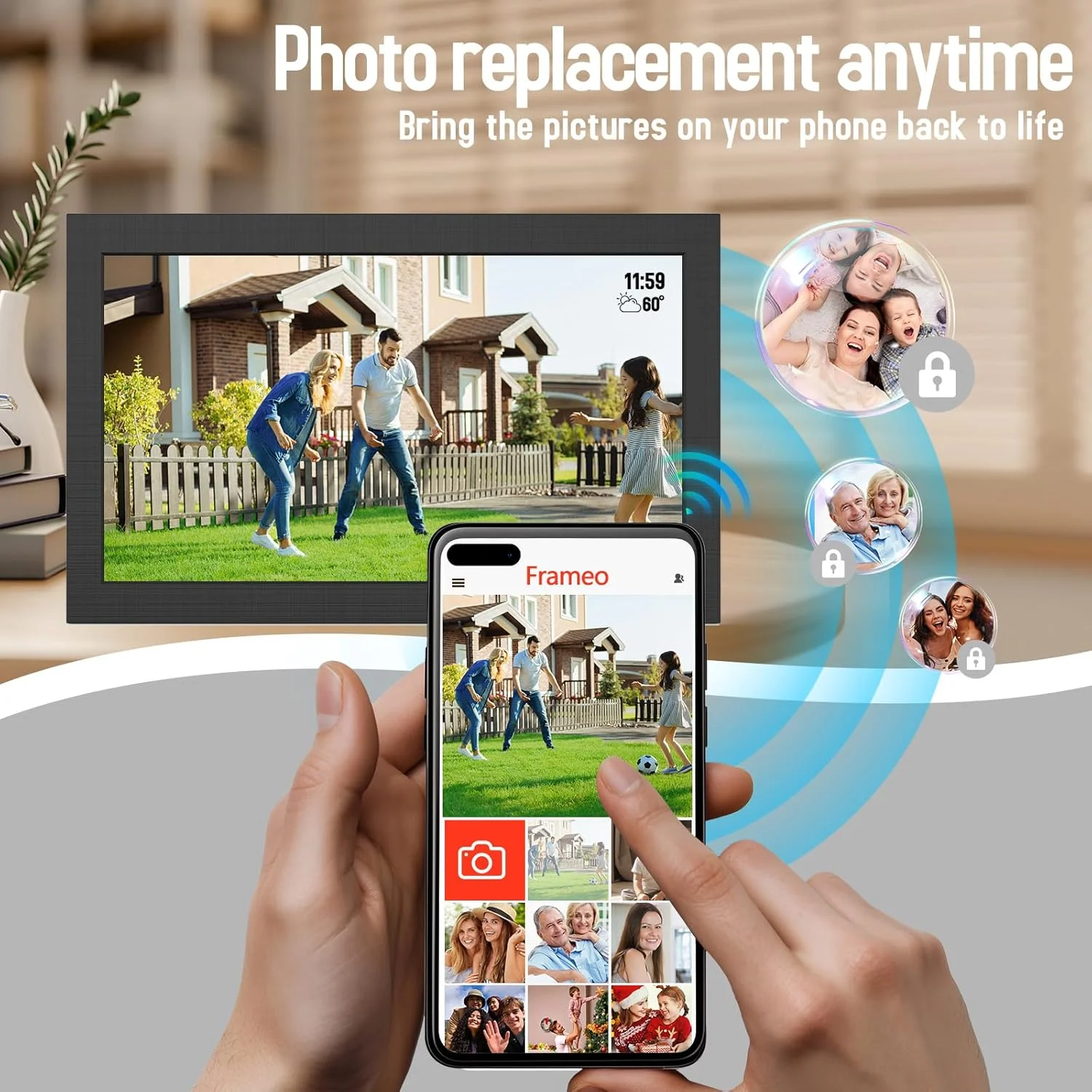 قاب عکس دیجیتال وای فای 15.6 اینچی با صفحه نمایش لمسی IPS HD، کلیپ های ویدیویی و نمایش اسلاید، چرخش خودکار، قابل نصب روی دیوار، ارسال فوری عکس از هر کجا از طریق برنامه Frameo (15.6 اینچ)