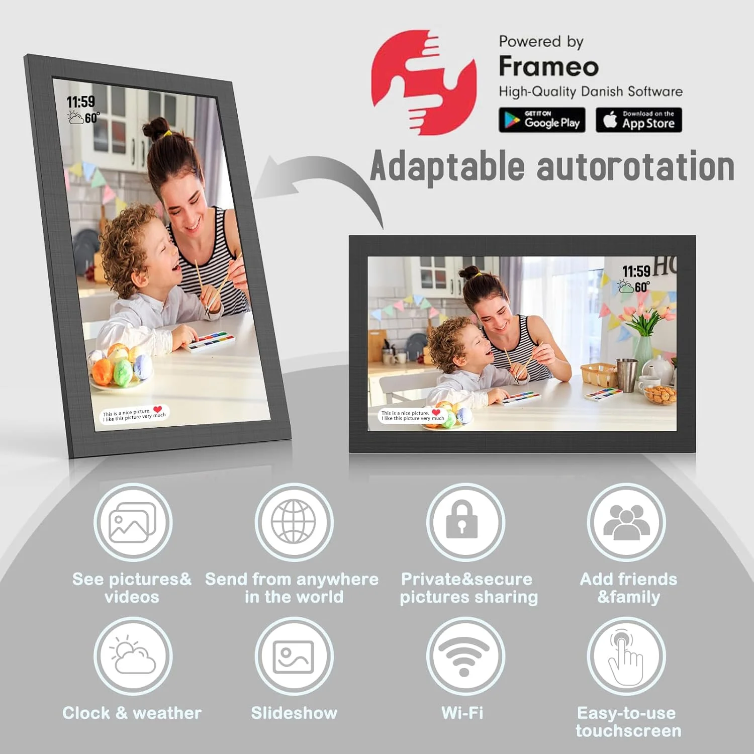قاب عکس دیجیتال وای فای 15.6 اینچی با صفحه نمایش لمسی IPS HD، کلیپ های ویدیویی و نمایش اسلاید، چرخش خودکار، قابل نصب روی دیوار، ارسال فوری عکس از هر کجا از طریق برنامه Frameo (15.6 اینچ)
