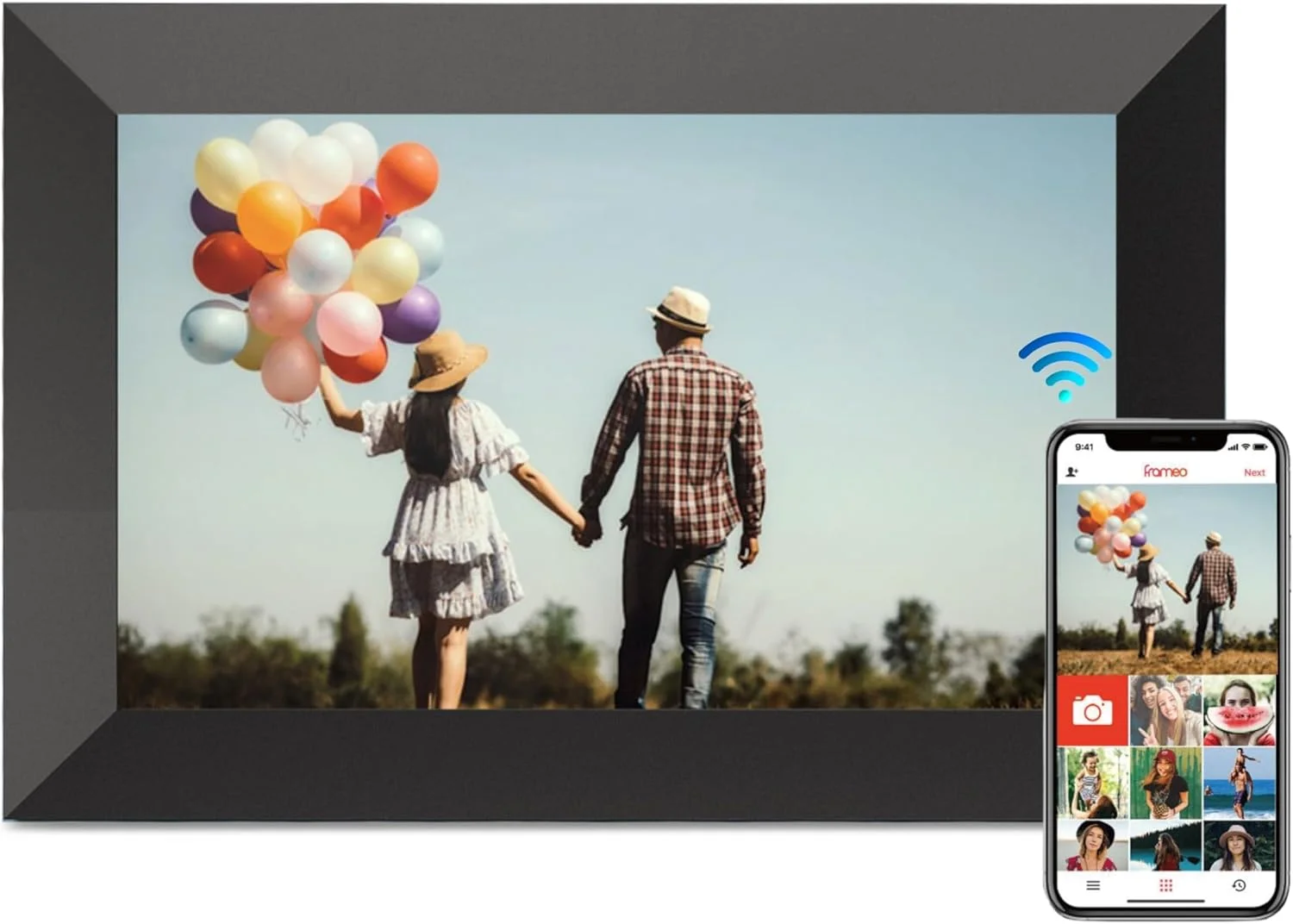 قاب عکس دیجیتال وای فای 10.1 اینچی با صفحه نمایش لمسی IPS با کیفیت HD 1280x800، حافظه 32 گیگابایتی، چرخش خودکار، نمایش اسلاید، قاب عکس هوشمند برای اشتراک گذاری عکس ها و فیلم ها (Frameo مشکی 32 گیگابایت)