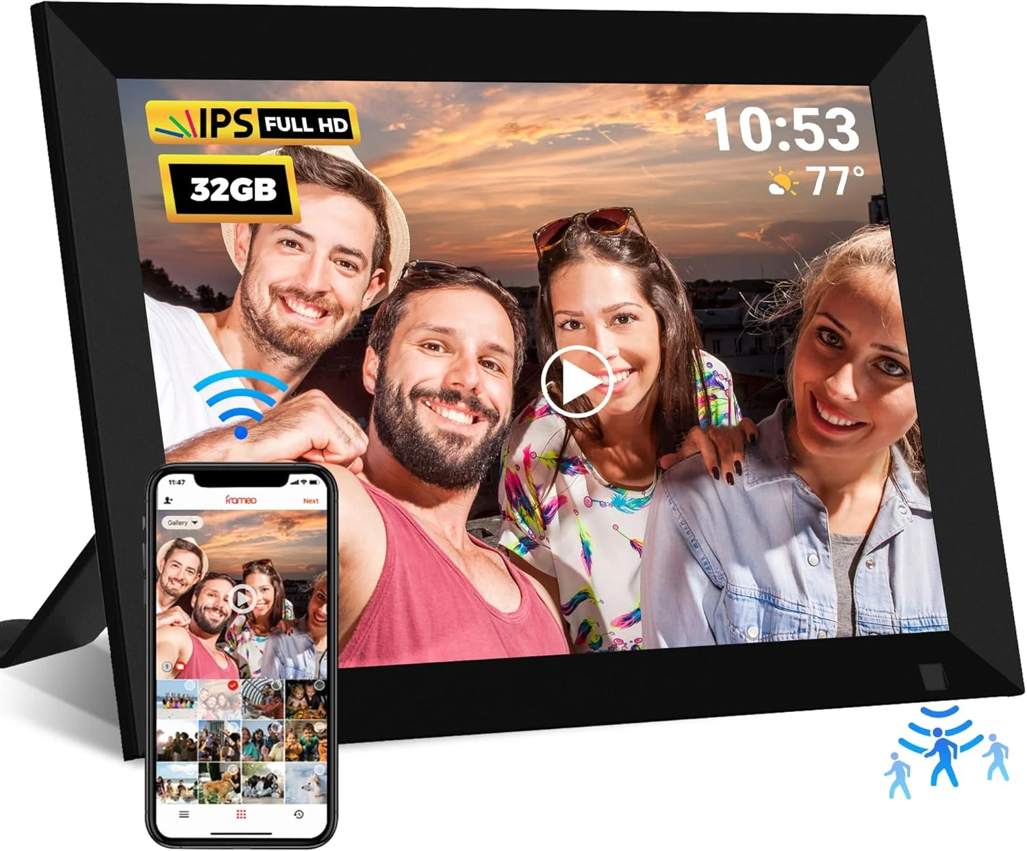 قاب عکس دیجیتال 10.1 اینچی وای فای با حافظه داخلی 32 گیگابایت، صفحه لمسی ال سی دی IPS با رزولوشن 1280x800، چرخش خودکار و صدا، اشتراک گذاری سریع و آسان عکس ها یا فیلم ها از طریق برنامه Frameo، دارای حسگر حرکتی هوشمند