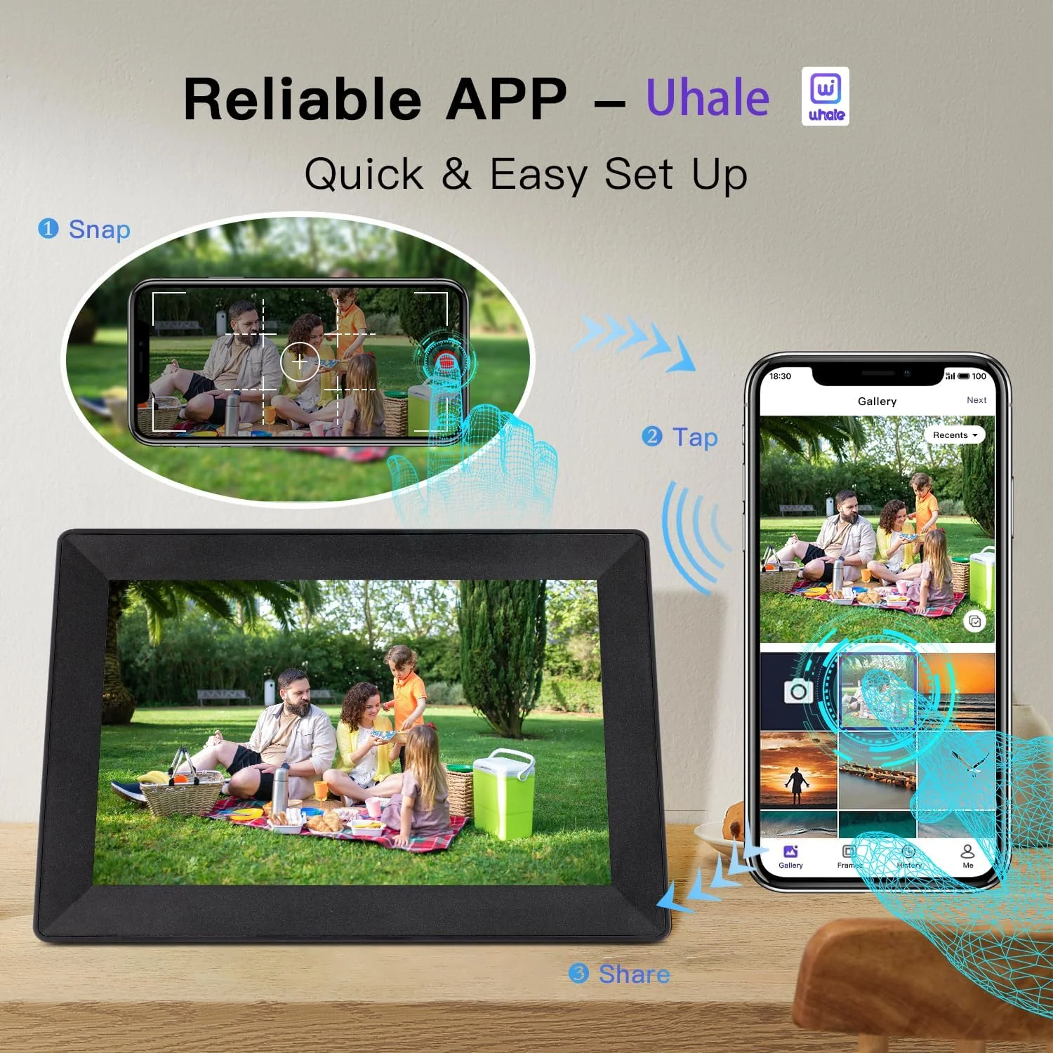 قاب عکس دیجیتال Uhale با صفحه نمایش لمسی HD IPS 1280x800، قاب عکس دیجیتال 10.1 اینچی WiFi با حافظه 16 گیگابایتی، اسلات کارت SD، چرخش خودکار اسلایدشو، ارسال از راه دور ویدیوها و عکس ها از طریق Uhale