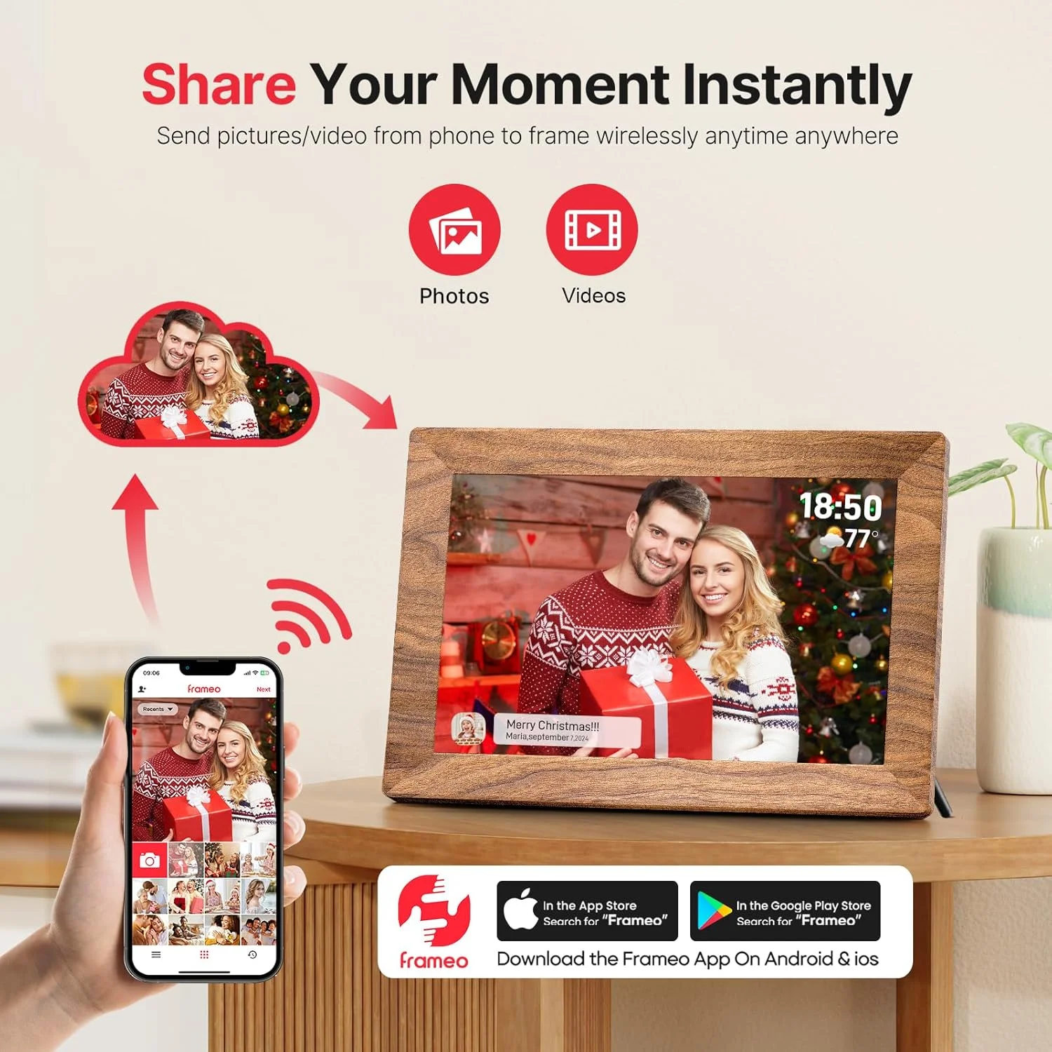 قاب عکس دیجیتال Frameo با صفحه نمایش لمسی HD IPS 10.1 اینچی، حافظه 32 گیگابایتی، چرخش خودکار، قابلیت نصب روی دیوار و اشتراک گذاری عکس/فیلم از راه دور