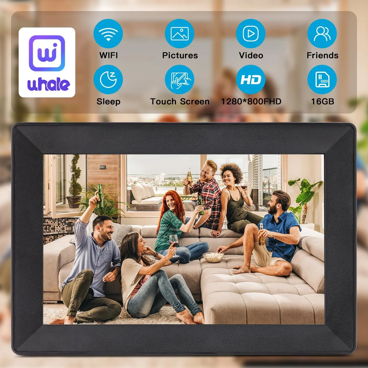 قاب عکس دیجیتال Uhale با صفحه نمایش لمسی HD IPS 1280x800، قاب عکس دیجیتال 10.1 اینچی WiFi با حافظه 16 گیگابایتی، اسلات کارت SD، چرخش خودکار اسلایدشو، ارسال از راه دور ویدیوها و عکس ها از طریق Uhale