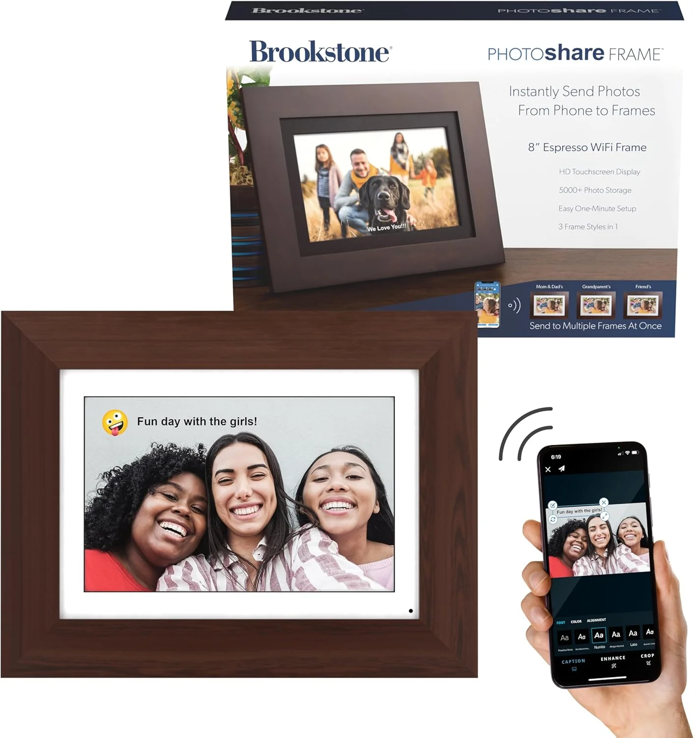 قاب عکس دیجیتال 8 اینچی Brookstone با قابلیت اتصال به وای فای | ارسال عکس یا ویدیو از تلفن به قاب عکس دیجیتال با برنامه رایگان PhotoShare Frame v2 | رمزگذاری سرتاسری | نصب سریع و آسان | چوب اسپرسو