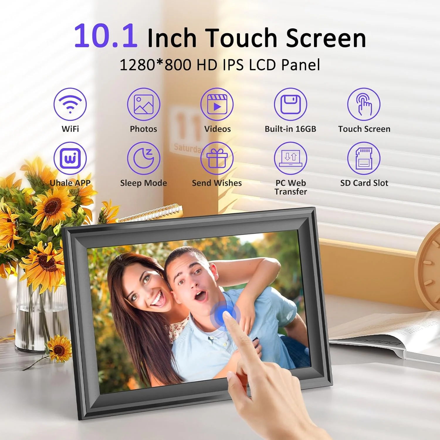 قاب عکس دیجیتال 10.1 اینچی وای فای، صفحه نمایش لمسی IPS HD، حافظه 16 گیگابایتی، نمایش اسلاید، قابلیت نصب روی دیوار، چرخش خودکار، اشتراک گذاری عکس و فیلم از طریق برنامه Uhale قاب عکس دیجیتال 10.1 اینچی وای فای، صفحه نمایش لمسی IPS HD، حافظه 16 گیگابایتی، نمایش اسلاید، قابلیت نصب روی دیوار، چرخش خودکار، اشتراک گذاری عکس و فیلم از طریق برنامه Uhale