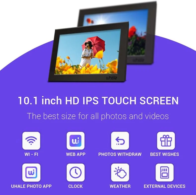 قاب عکس دیجیتال وای فای 10.1 اینچی با صفحه نمایش لمسی LCD 1280x800، قاب عکس هوشمند با حافظه داخلی 16 گیگابایتی، بیش از 1000 عکس، چرخش خودکار، اشتراک گذاری فوری عکس ها/فیلم ها از طریق برنامه Uhale از هر کجا قاب عکس دیجیتال وای فای 10.1 اینچی با صفحه نمایش لمسی LCD 1280x800، قاب عکس هوشمند با حافظه داخلی 16 گیگابایتی، بیش از 1000 عکس، چرخش خودکار، اشتراک گذاری فوری عکس ها/فیلم ها از طریق برنامه Uhale از هر کجا