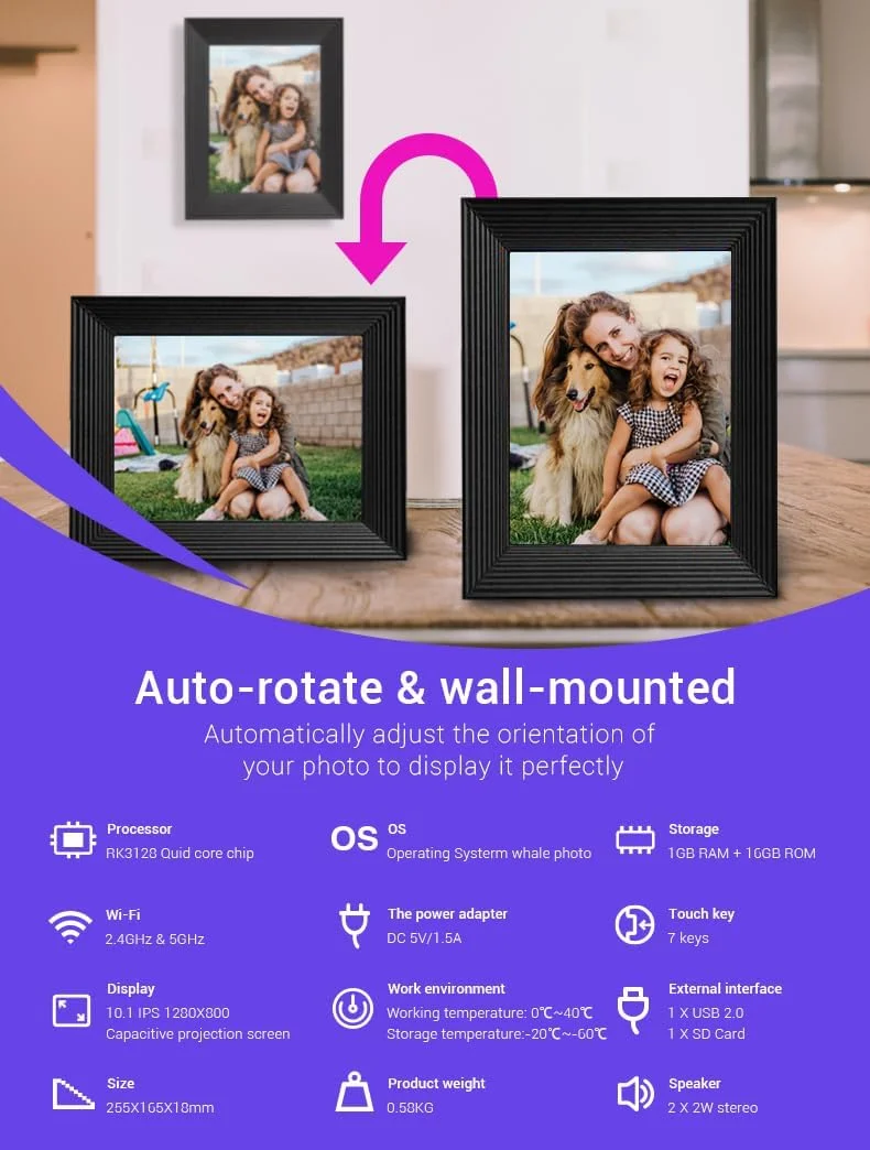قاب عکس دیجیتال وای فای 10.1 اینچی با صفحه نمایش لمسی LCD 1280x800، قاب عکس هوشمند با حافظه داخلی 16 گیگابایتی، بیش از 1000 عکس، چرخش خودکار، اشتراک گذاری فوری عکس ها/فیلم ها از طریق برنامه Uhale از هر کجا قاب عکس دیجیتال وای فای 10.1 اینچی با صفحه نمایش لمسی LCD 1280x800، قاب عکس هوشمند با حافظه داخلی 16 گیگابایتی، بیش از 1000 عکس، چرخش خودکار، اشتراک گذاری فوری عکس ها/فیلم ها از طریق برنامه Uhale از هر کجا