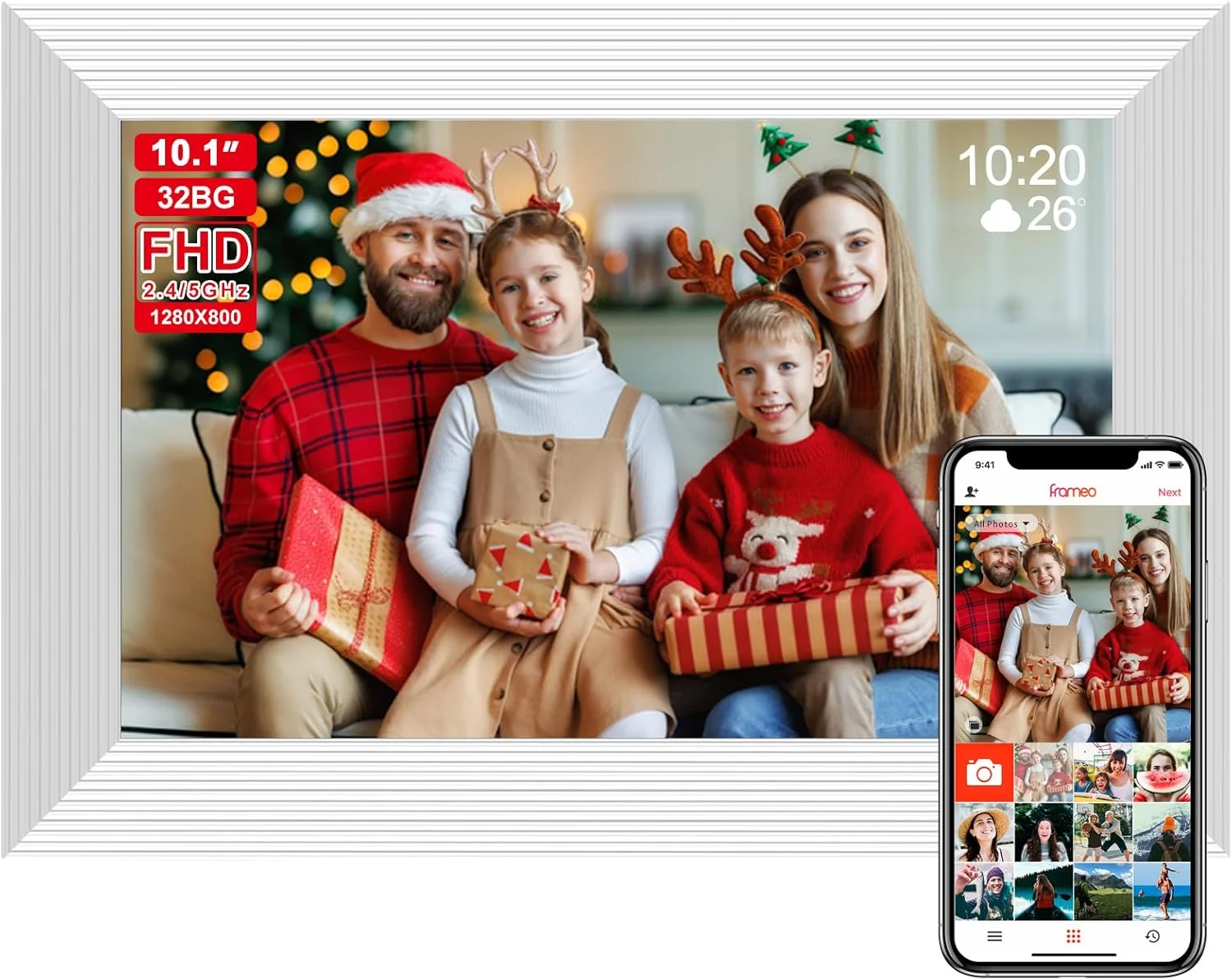 قاب عکس دیجیتال وای فای Frameo با صفحه نمایش لمسی 10.1 اینچی، کیفیت HD 1280x800، حافظه داخلی 32 گیگابایت، چرخش خودکار، قابلیت نصب روی دیوار و اپلیکیشن FRAMEO