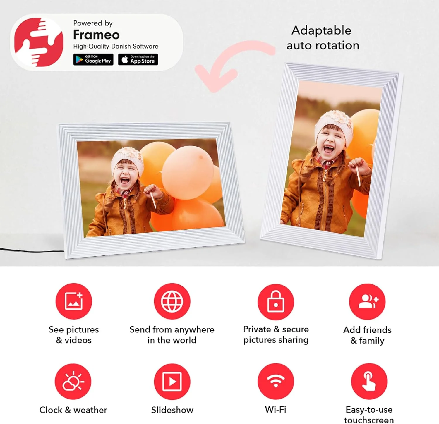 قاب عکس دیجیتال وای فای Frameo با صفحه نمایش لمسی 10.1 اینچی، کیفیت HD 1280x800، حافظه داخلی 32 گیگابایت، چرخش خودکار، قابلیت نصب روی دیوار و اپلیکیشن FRAMEO قاب عکس دیجیتال وای فای Frameo با صفحه نمایش لمسی 10.1 اینچی، کیفیت HD 1280x800، حافظه داخلی 32 گیگابایت، چرخش خودکار، قابلیت نصب روی دیوار و اپلیکیشن FRAMEO