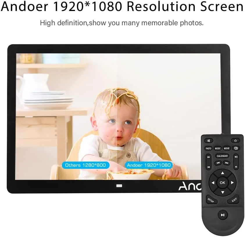 قاب عکس دیجیتال LED 17 اینچی با رزولوشن بالا 1080P، پخش کننده عکس الکترونیکی با کنترل از راه دور، پخش MP3 MP4، ساعت، تقویم، نمایش اسلاید خودکار، بلندگوهای استریو، سازگار با کارت TF و USB قاب عکس دیجیتال LED 17 اینچی با رزولوشن بالا 1080P، پخش کننده عکس الکترونیکی با کنترل از راه دور، پخش MP3 MP4، ساعت، تقویم، نمایش اسلاید خودکار، بلندگوهای استریو، سازگار با کارت TF و USB