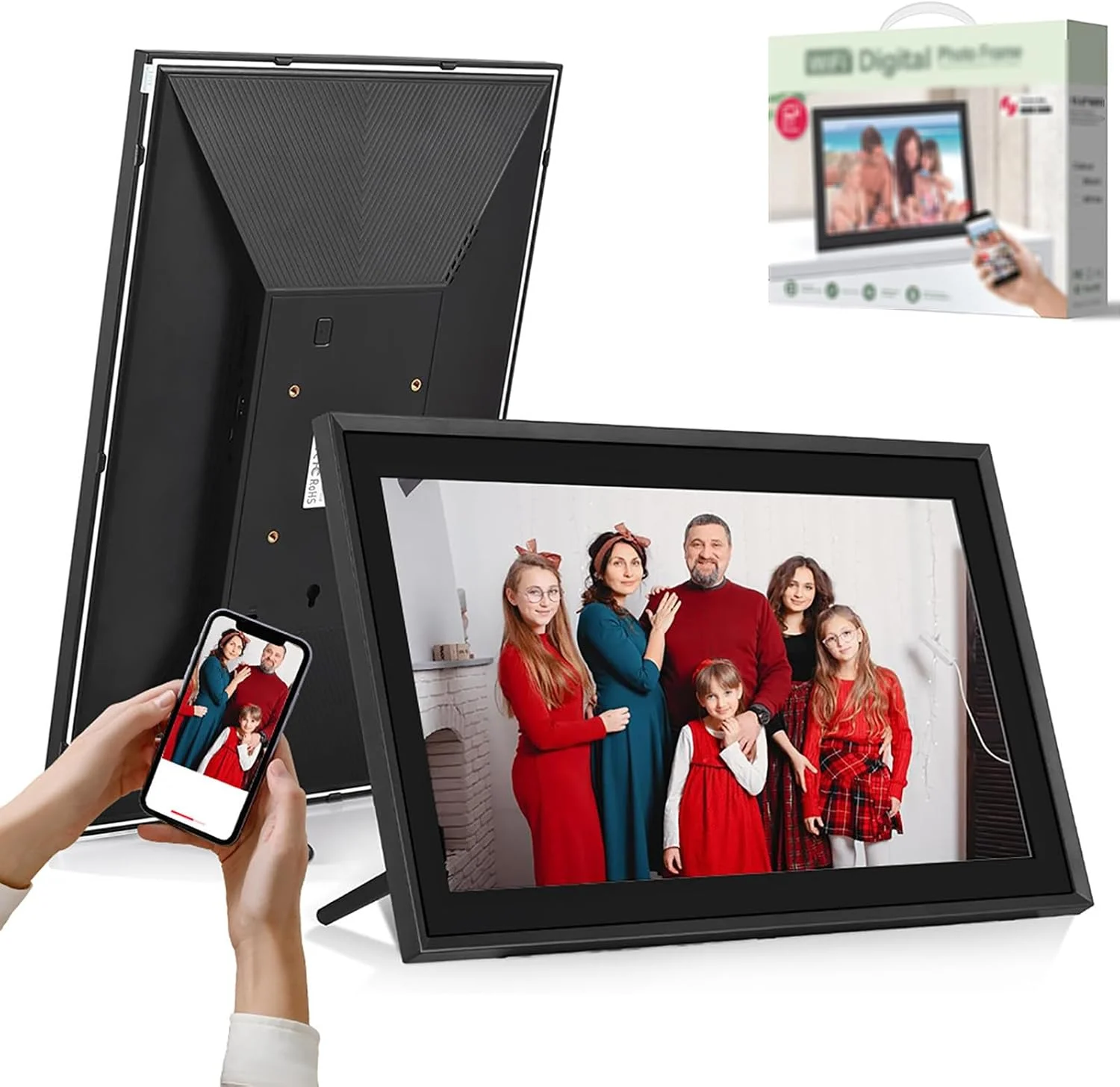 قاب عکس دیجیتال نمایش اسلاید، قاب عکس دیجیتال وای فای 15.6 اینچی، حاشیه باریک ABS، 32 گیگابایت، زاویه دید 178 درجه، انتقال از راه دور، صفحه لمسی IPS، چرخش خودکار، برای مادر/پدر/دوستان - مشکی