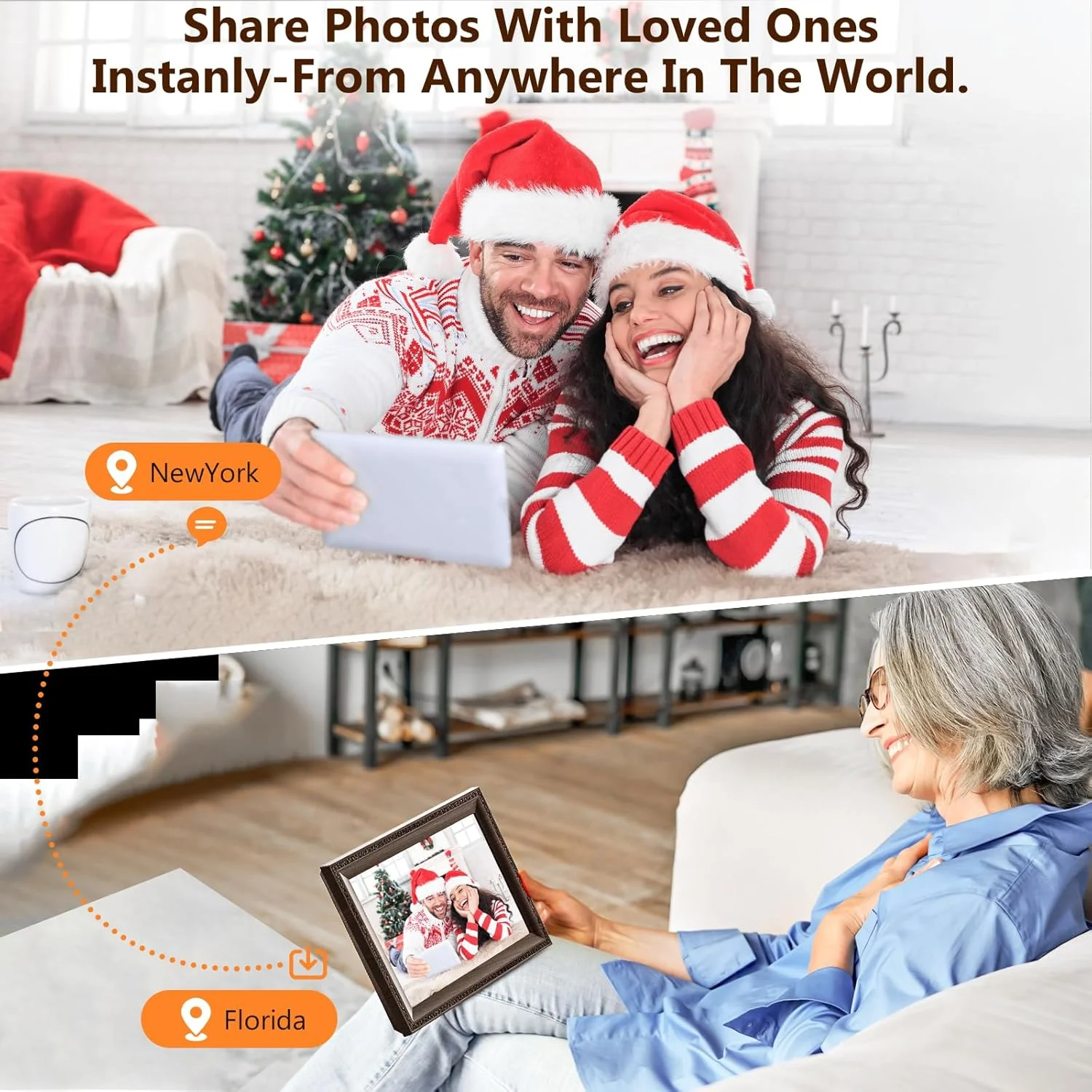 قاب عکس دیجیتال وای فای، ارسال عکس از تلفن همراه، حافظه 16 گیگابایتی، صفحه نمایش لمسی 10.1 اینچی IPS با رزولوشن 1280x800، چرخش خودکار، قابل نصب روی دیوار، رنگ چوب تیره