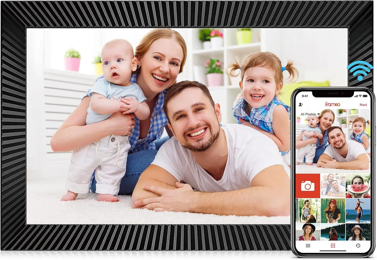 قاب عکس دیجیتال وای فای PINREK با صفحه نمایش لمسی 10.1 اینچی، حافظه 32 گیگابایتی برای بیش از 40000 عکس، رزولوشن 1280x800 HD، چرخش خودکار، آلبوم عکس الکترونیکی قابل نصب روی دیوار برای اشتراک گذاری فوری از iOS/Android