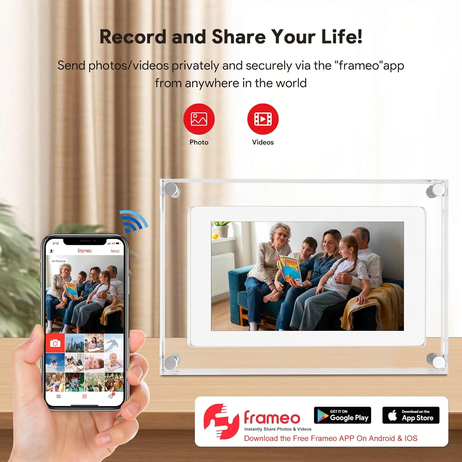 قاب عکس دیجیتال وای فای 5 اینچی، قاب عکس الکترونیکی هوشمند با صفحه لمسی IPS با کیفیت HD 1280x800، حافظه 32 گیگابایتی، چرخش خودکار، اشتراک گذاری فوری عکس/فیلم از هر کجا