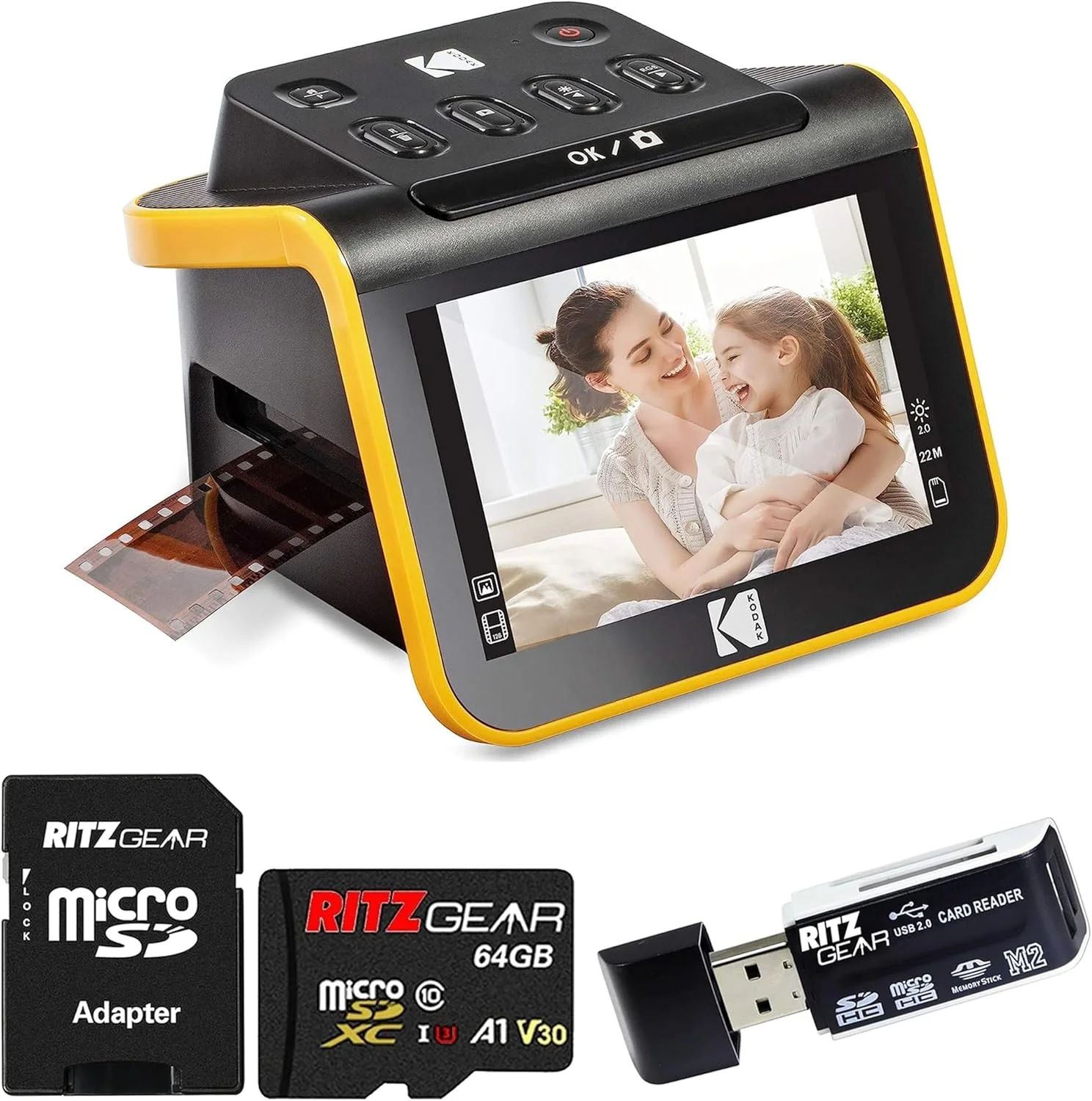 اسکنر فیلم دیجیتال Kodak Slide N Scan با صفحه نمایش 5 اینچی - دیجیتایزر فیلم نگاتیو و اسلاید، تبدیل نگاتیوهای رنگی و سیاه و سفید و فیلم های 35 میلی متری، 126 میلی متری، 110 میلی متری به فایل های JPEG 22 مگاپیکسلی به همراه کارت SD 64 گیگابایتی و کارت خوان، مشکی