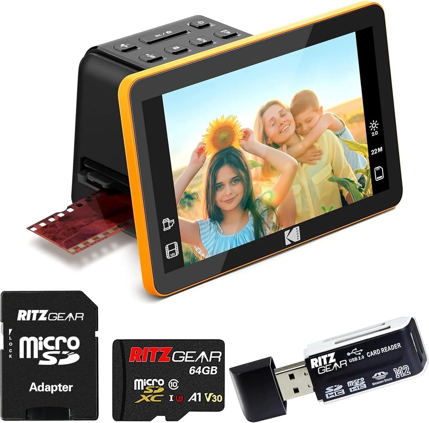 اسکنر فیلم دیجیتال Kodak Slide N Scan با صفحه نمایش 7 اینچی - دیجیتایزر فیلم نگاتیو و اسلاید، تبدیل نگاتیوهای رنگی و سیاه و سفید و فیلم های 35 میلی متری، 126 میلی متری، 110 میلی متری به فایل های JPEG با کیفیت 22 مگاپیکسل به همراه کارت SD 32 گیگابایتی و کارت خوان